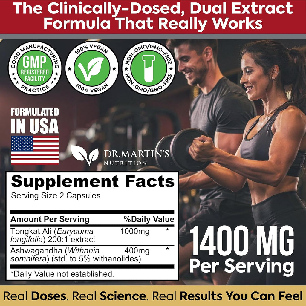 Tongkat Ali 200:1 Extract + Ashwagandha 5% Withanolides | Adaptógeno Dual Alta Potencia | 120 Cápsulas