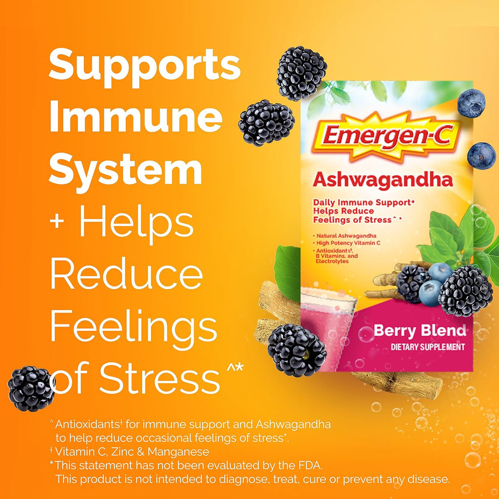 Emergen-C Vitamina C y Ashwagandha Mezcla para Bebida, Sabor Frutos del Bosque - 18 Sobres