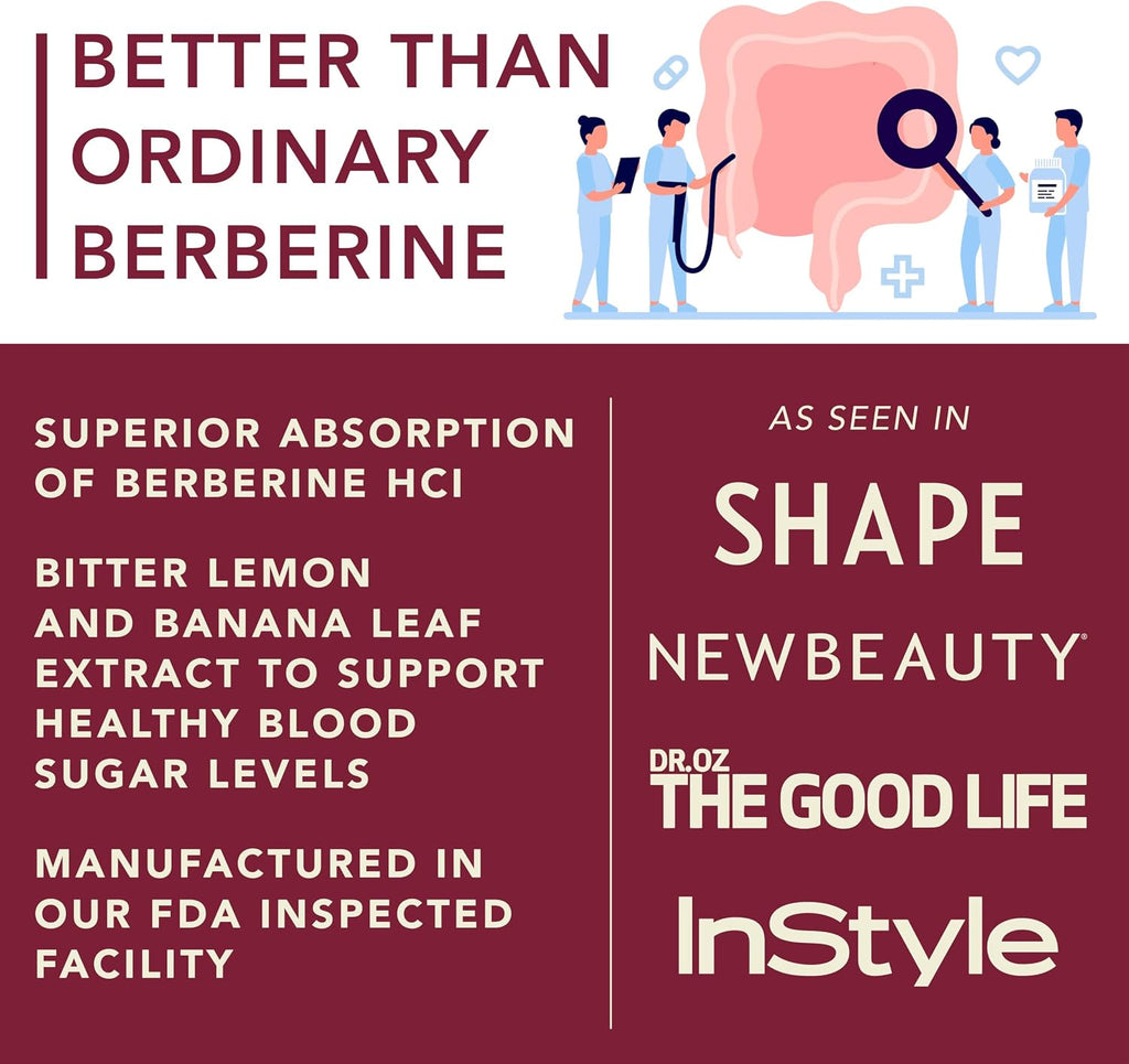 Berberine Supplement - 10xHigher Absorption Berberine HCI Complex with Bitter Lemon & Banaba Leaf - Cholesterol & Metabolic Support - 60 Capsules Non-GMO