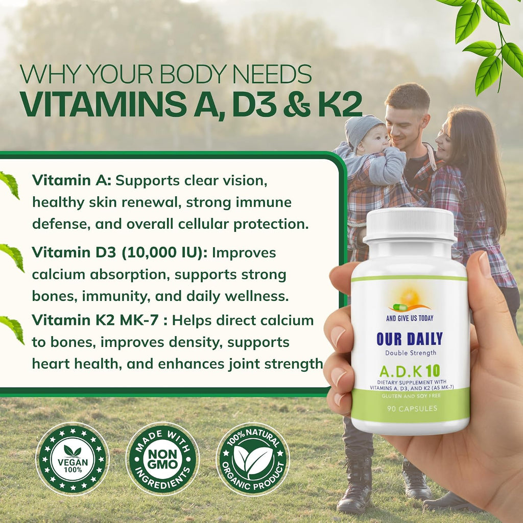 Daily Vites ADK 10 - Suplemento de Vitaminas A, D3 y K2 (MK-7), 90 Cápsulas