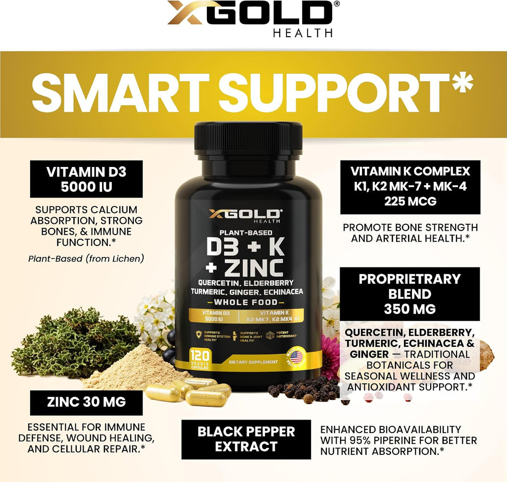 X Gold Health Complejo 8 en 1 con Vitamina D3, K2, K1, Zinc, Quercetina, Saúco, Cúrcuma, Jengibre y Equinácea - 120 Cápsulas Veganas