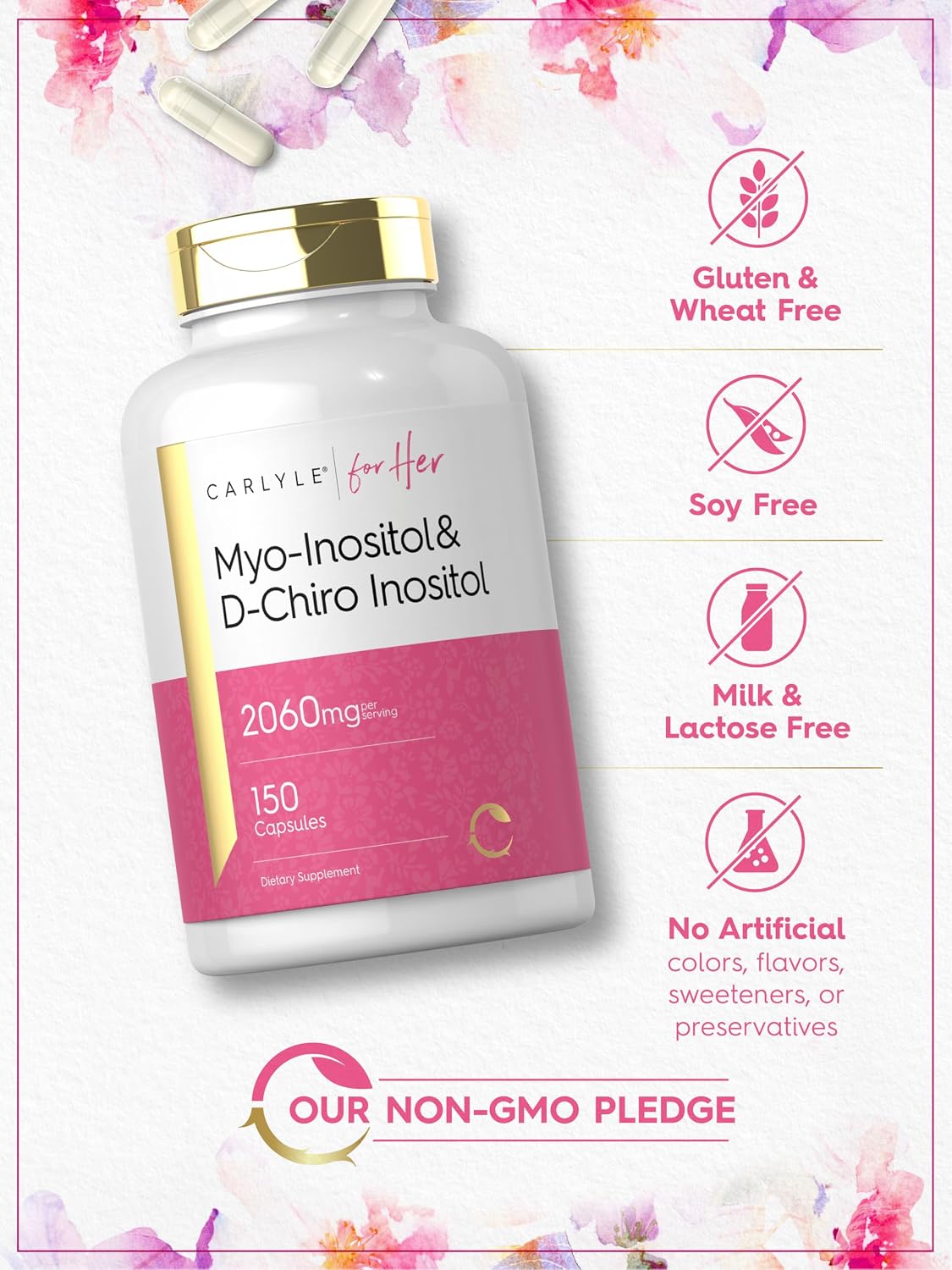Carlyle Myo-Inositol & D-Chiro Inositol 2060mg | 150 Cápsulas | No-GMO, Sin Gluten