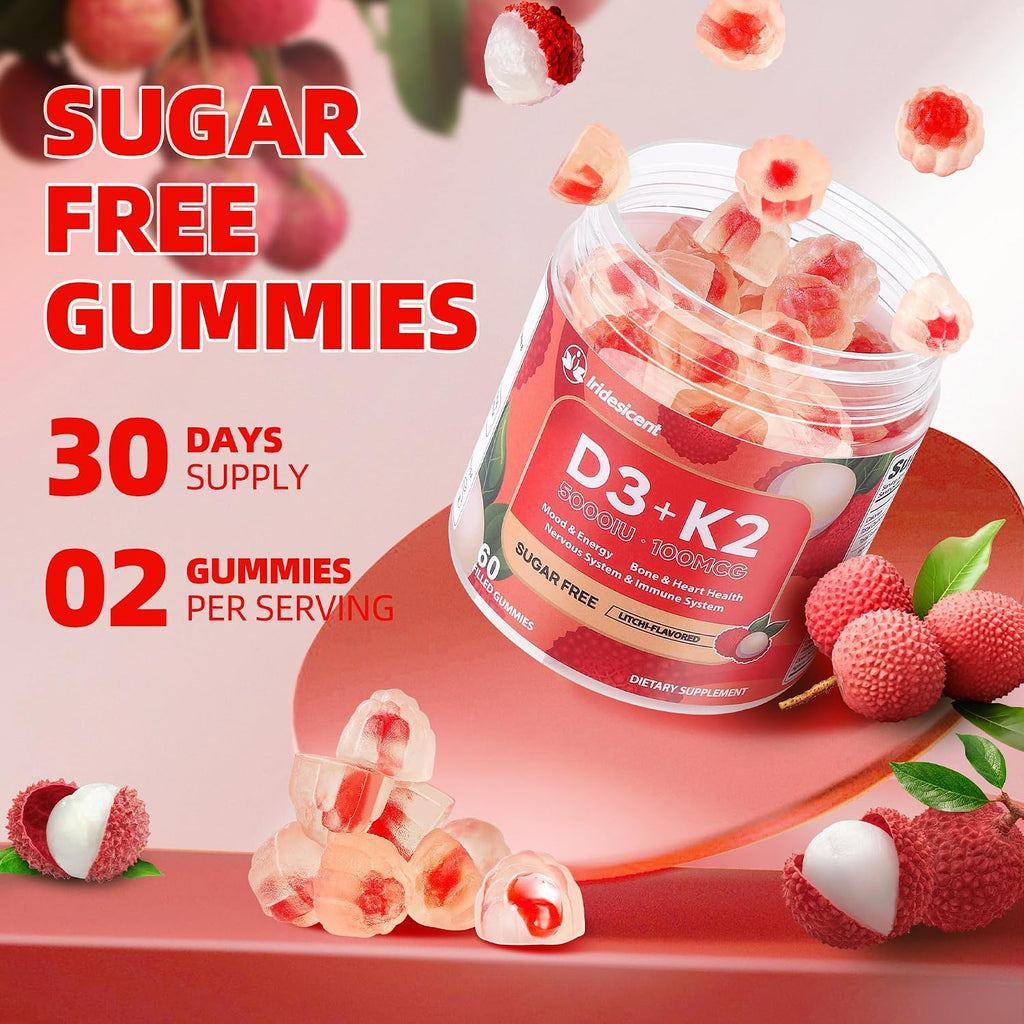 IRIDESICENT Vitamina D3 K2 Gummies Sin Azúcar - 60 Gominolas | 5.000 UI D3 + 100 mcg K2 (MK-7) | Vegano, Sabor Lichi