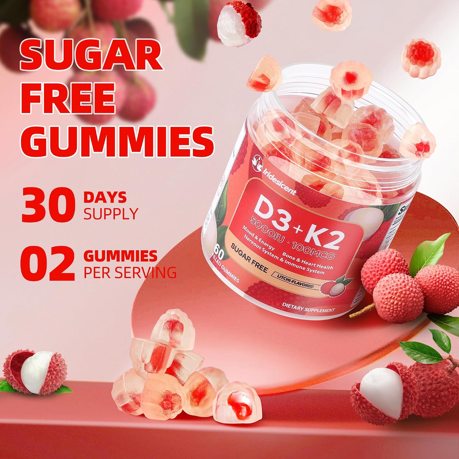 IRIDESICENT Vitamina D3 K2 Gummies Sin Azúcar - 60 Gominolas | 5.000 UI D3 + 100 mcg K2 (MK-7) | Vegano, Sabor Lichi