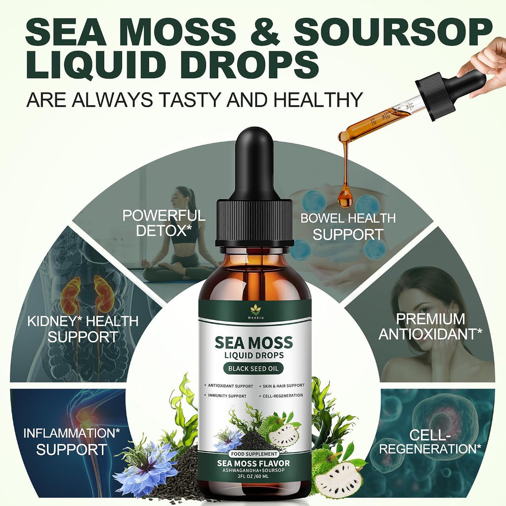 (2 Pack) Gotas Líquidas de Sea Moss con Aceite de Nigella, Soursop y Algas Irish Moss