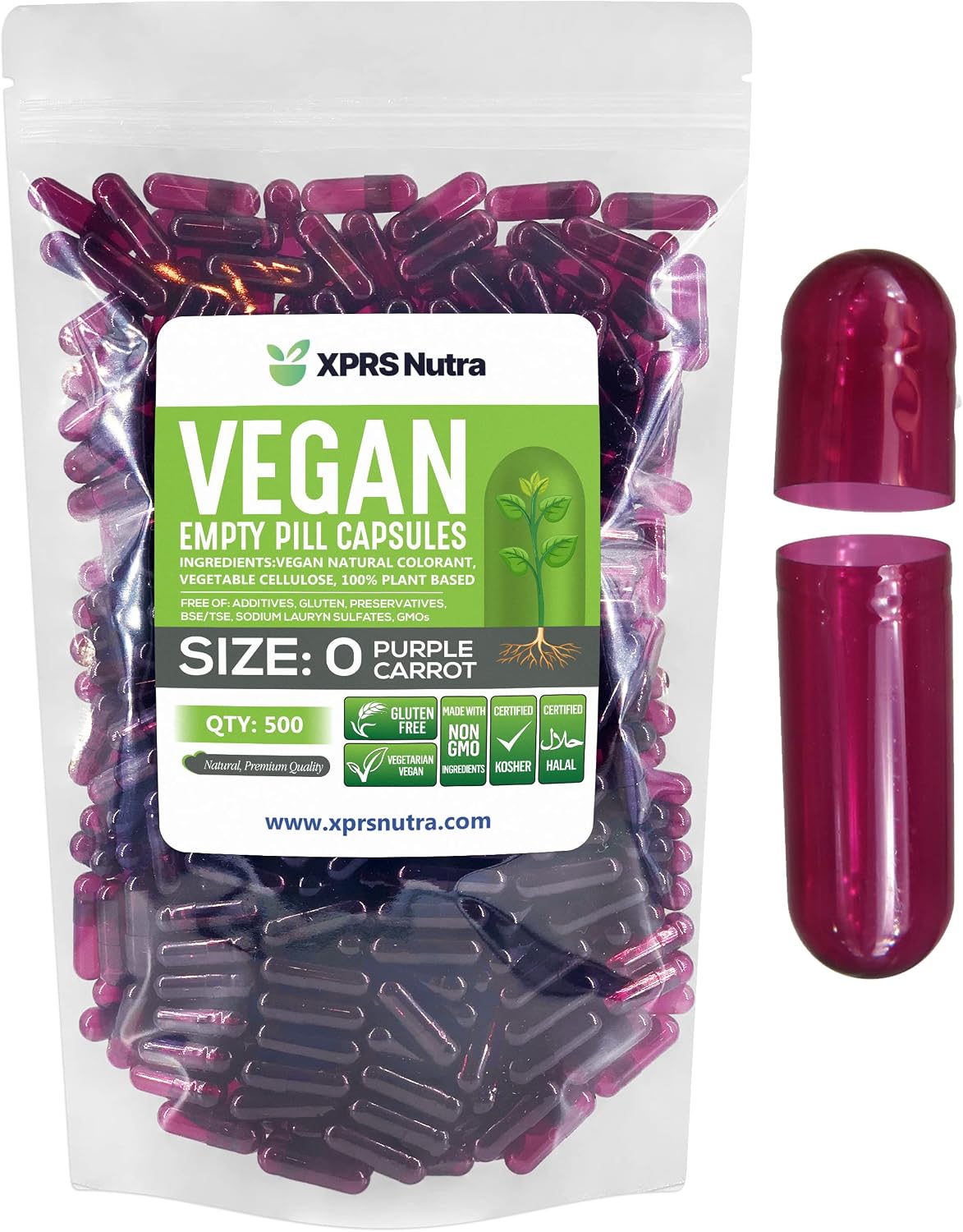 XPRS Nutra Cápsulas Vacías Tamaño 0 - 500 Unidades Veganas HPMC - Púrpura Zanahoria