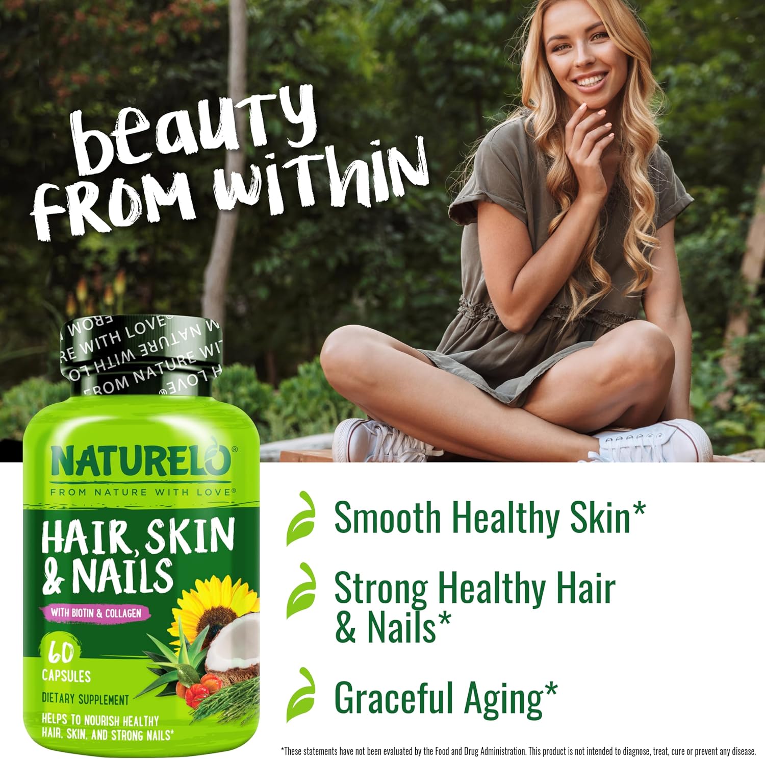NATURELO Vitaminas para Cabello, Piel y Uñas - 5000 mcg Biotina, Colágeno, Vitamina E Natural - 60 Cápsulas