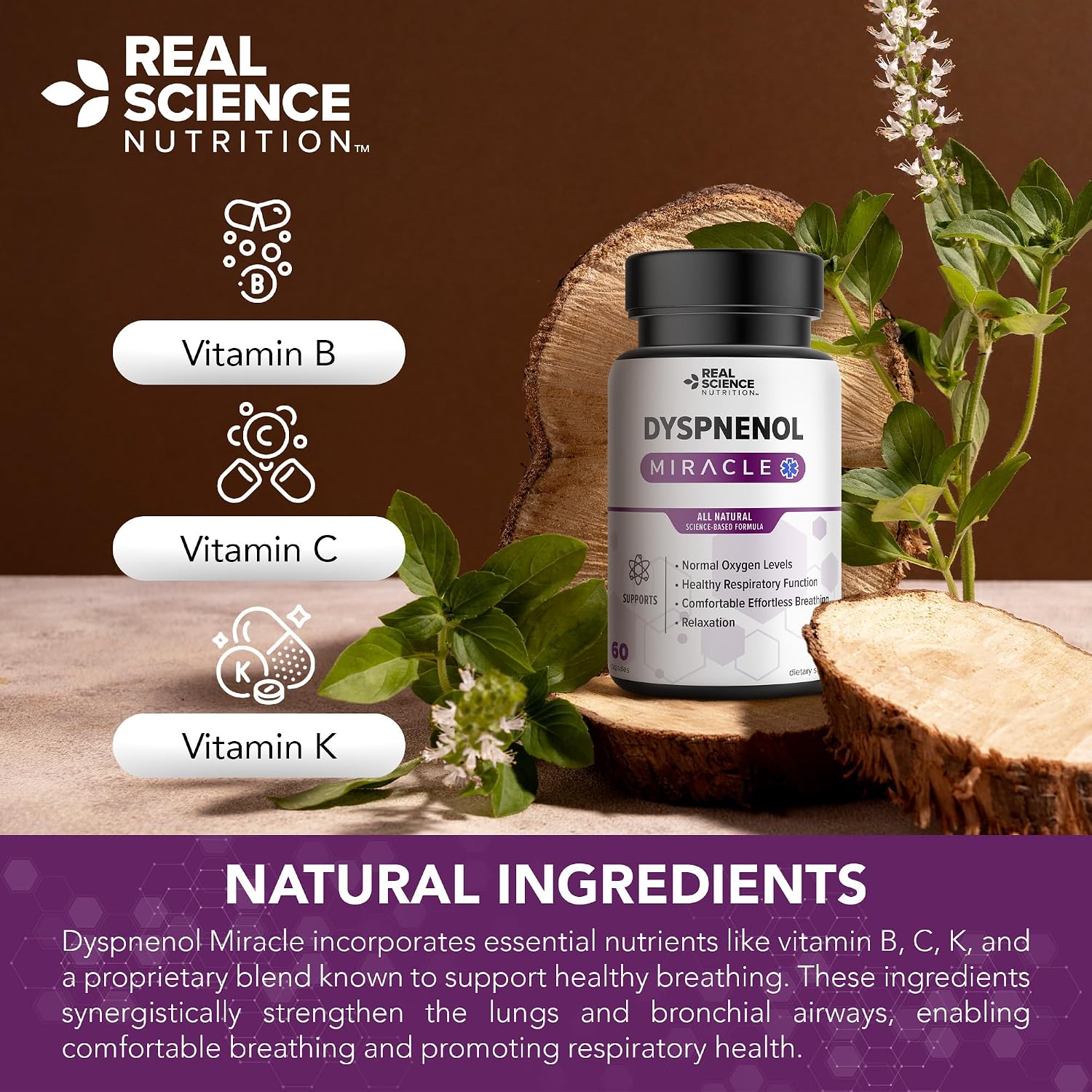 Real Science Dyspnenol - Suplemento Natural de Apoyo Pulmonar con Vinitrox y GABA, 60 Cápsulas