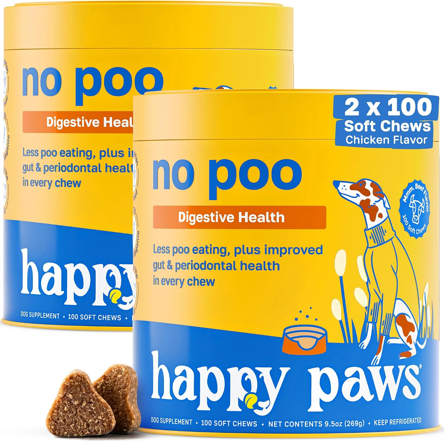 Happy Paws No Poo Chews para Perros – Disuasivo de Coprofagia con Probióticos, Calabaza y Enzimas – Orgánico, Vegano, Sabor a Carne – 200 unidades