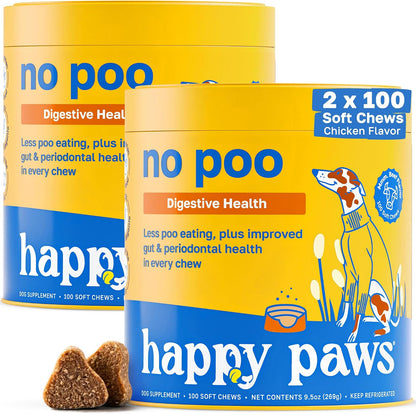 Happy Paws No Poo Chews para Perros – Disuasivo de Coprofagia con Probióticos, Calabaza y Enzimas – Orgánico, Vegano, Sabor a Carne – 200 unidades