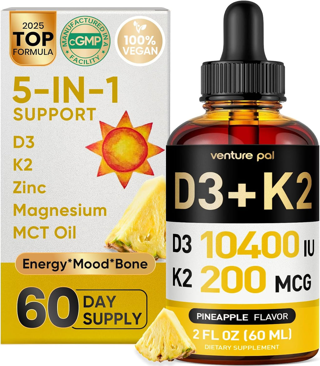 5-in-1 Vitamin D3 K2 Drops - Vitamina D3 10000 UI y K2 (MK-7) 200 mcg con Magnesio, Zinc y MCT Oil - 60 ml, 60 Días