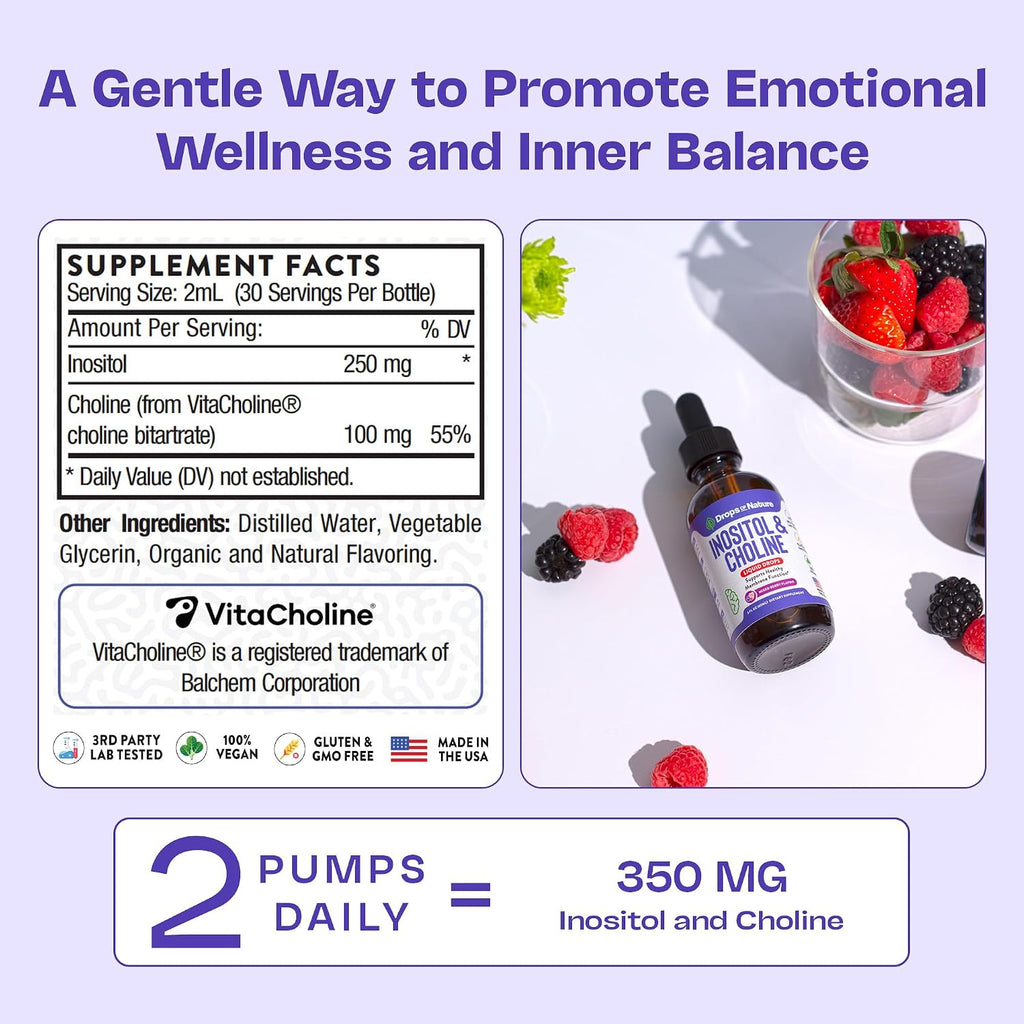 Gotas Líquidas de Inositol y Colina – Vegano, No GMO, Fácil de Tomar – Suplemento de Inositol de Absorción Mejorada – Vitaminas Prenatales para Mujeres – Apoya la Salud Celular y el Bienestar General (Frutos Rojos, 60ml)