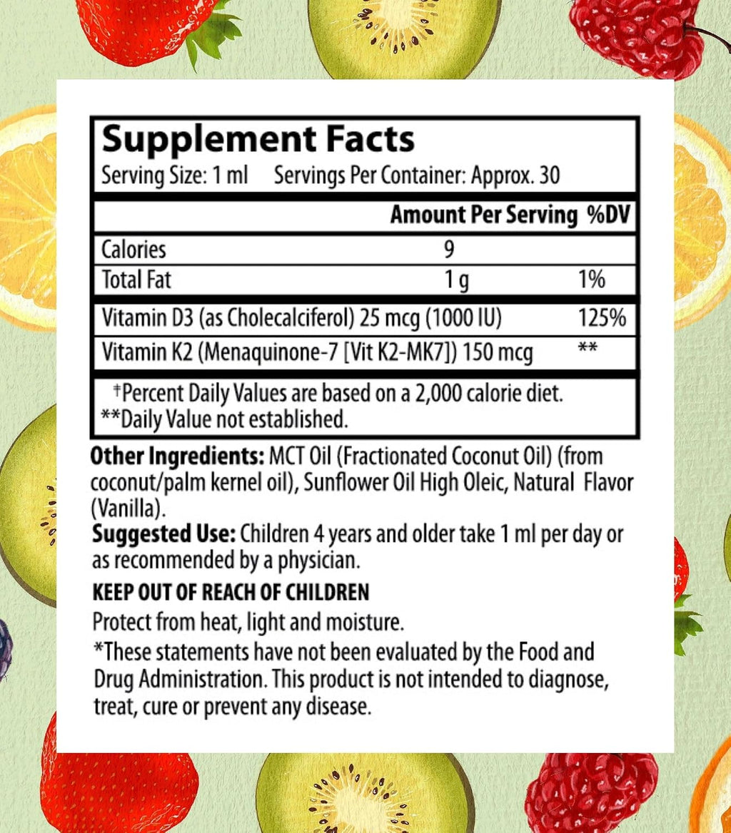 Go Healthy Kids Vitamin D3 K2 (MK-7) Gotas Líquidas Veganas para Niños - Sabor Vainilla - 30 Dosis