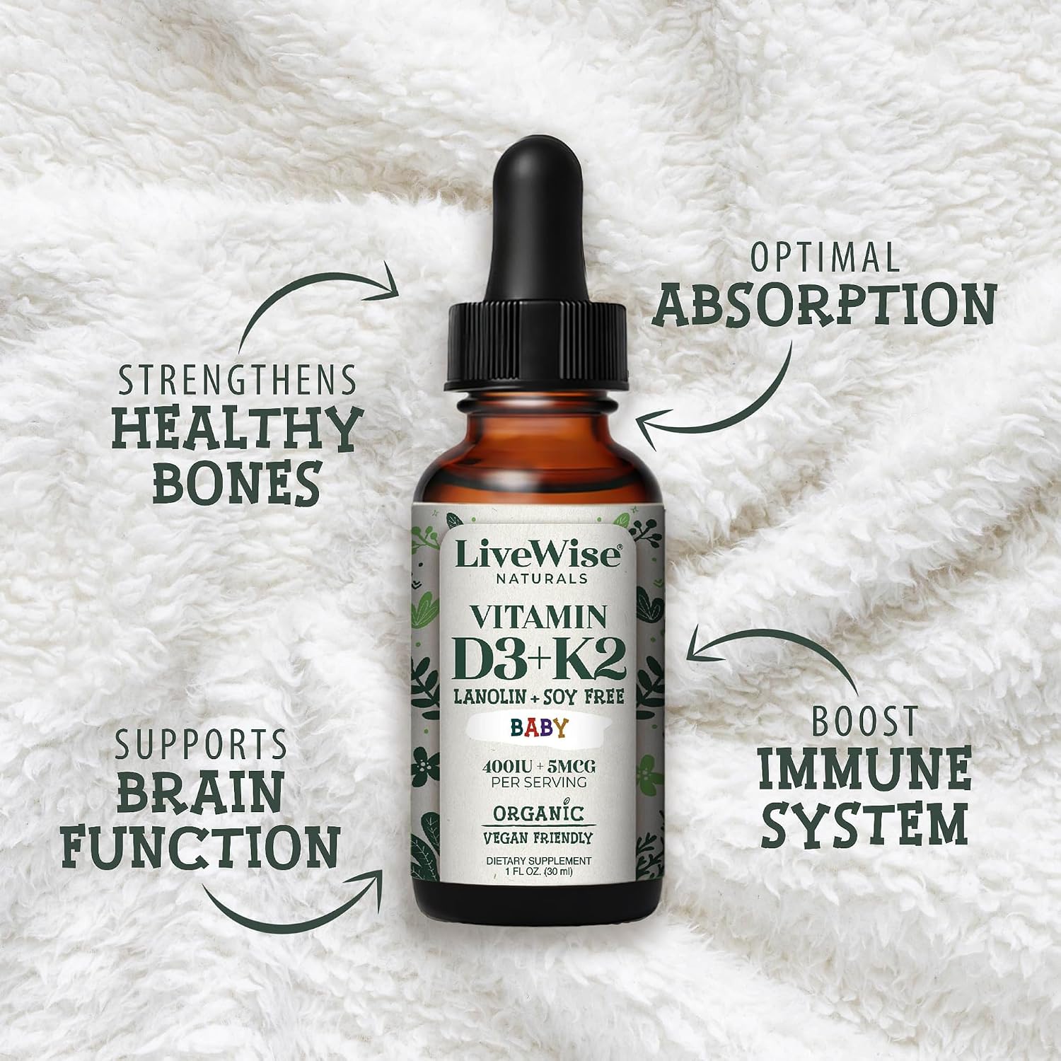 Live Wise Naturals Gotas Orgánicas de Vitamina D3 y K2 para Bebés (MK-7) - 225 Servicios