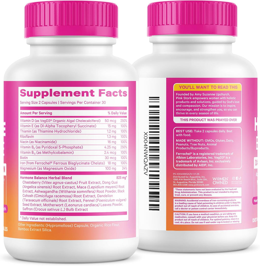 Pink Stork Hormone Balance Multivitamin for Women | Multivitamínico para Mujeres con Vitex, Ashwagandha y Magnesio | 60 Cápsulas Veganas