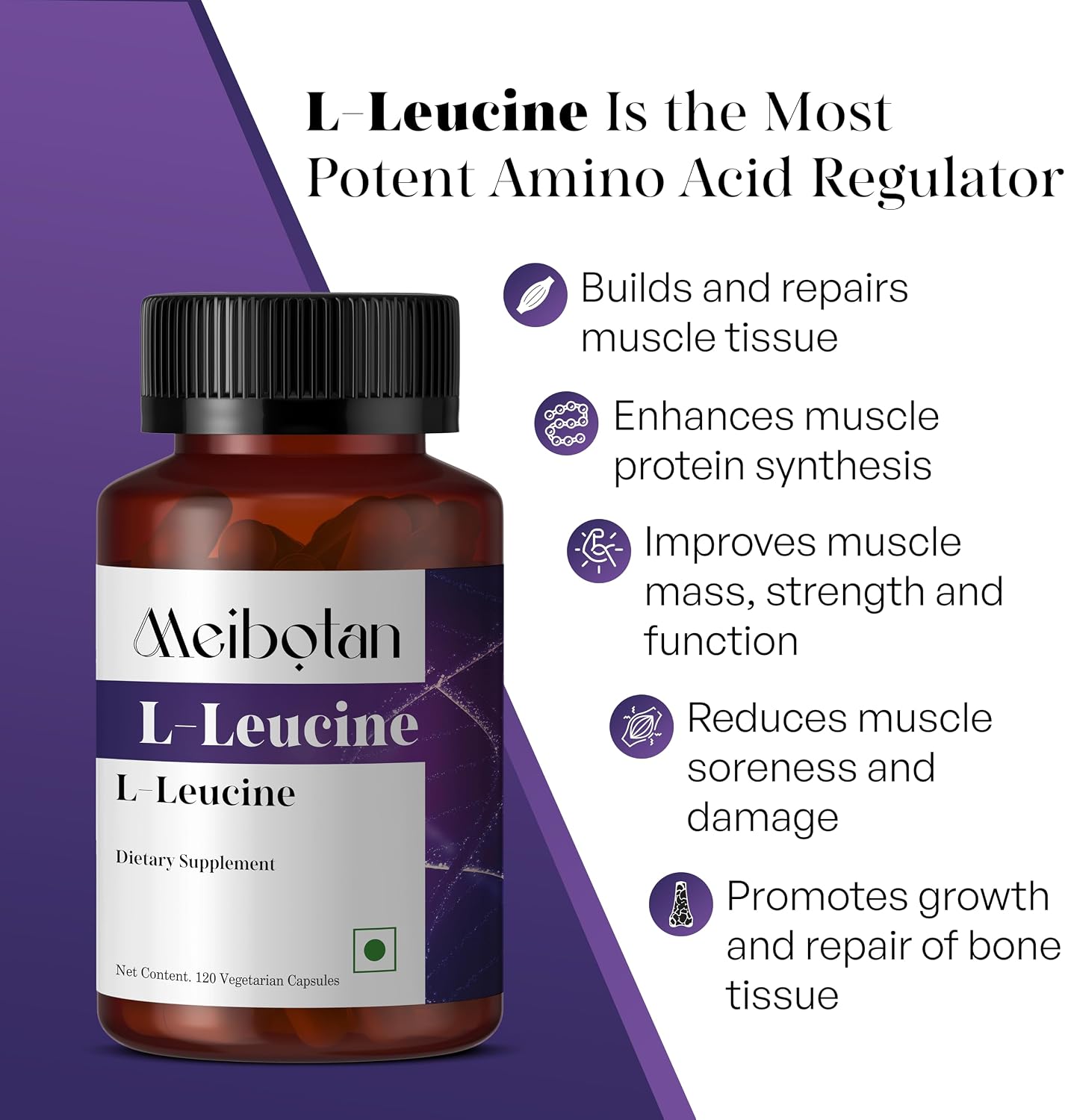 Meibotan L-Leucina Pura 2000mg - Recuperación Muscular, No GMO y Vegano - 120 Cápsulas Vegetarianas