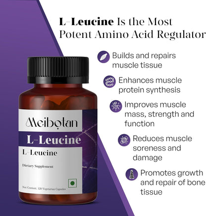 Meibotan L-Leucina Pura 2000mg - Recuperación Muscular, No GMO y Vegano - 120 Cápsulas Vegetarianas