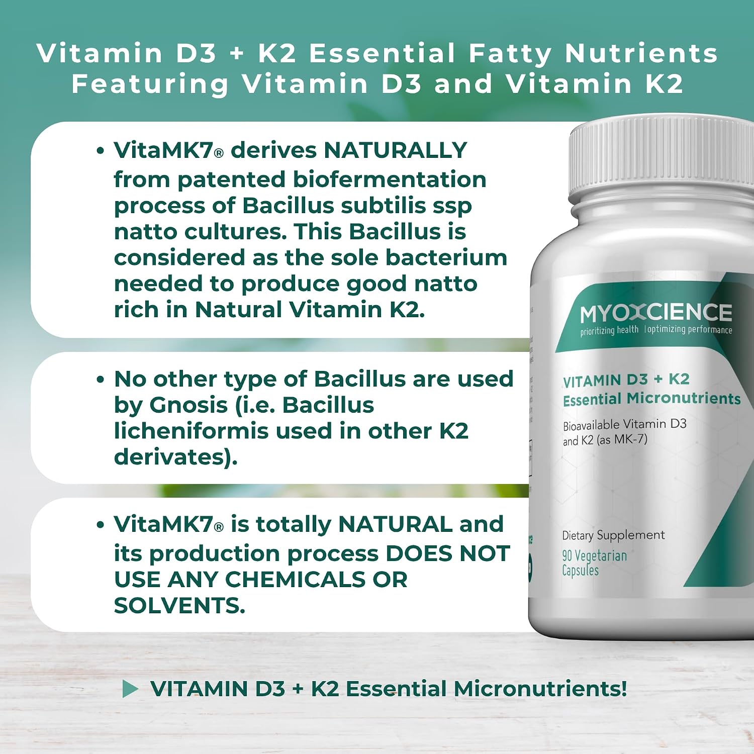 MYOXCIENCE Vitamina D3 + K2 Micronutrientes Esenciales | 6000 UI D3 + 150 mcg K2 MK-7 | 90 Cápsulas Vegetales