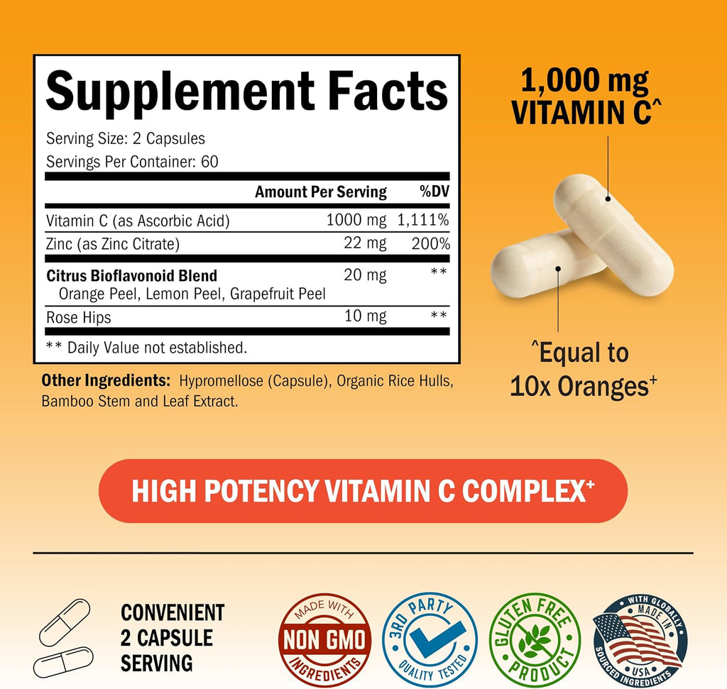 BioSchwartz Complejo de Vitamina C - 1000 mg con Escaramujo, Zinc y Bioflavonoides Cítricos, 120 Cápsulas