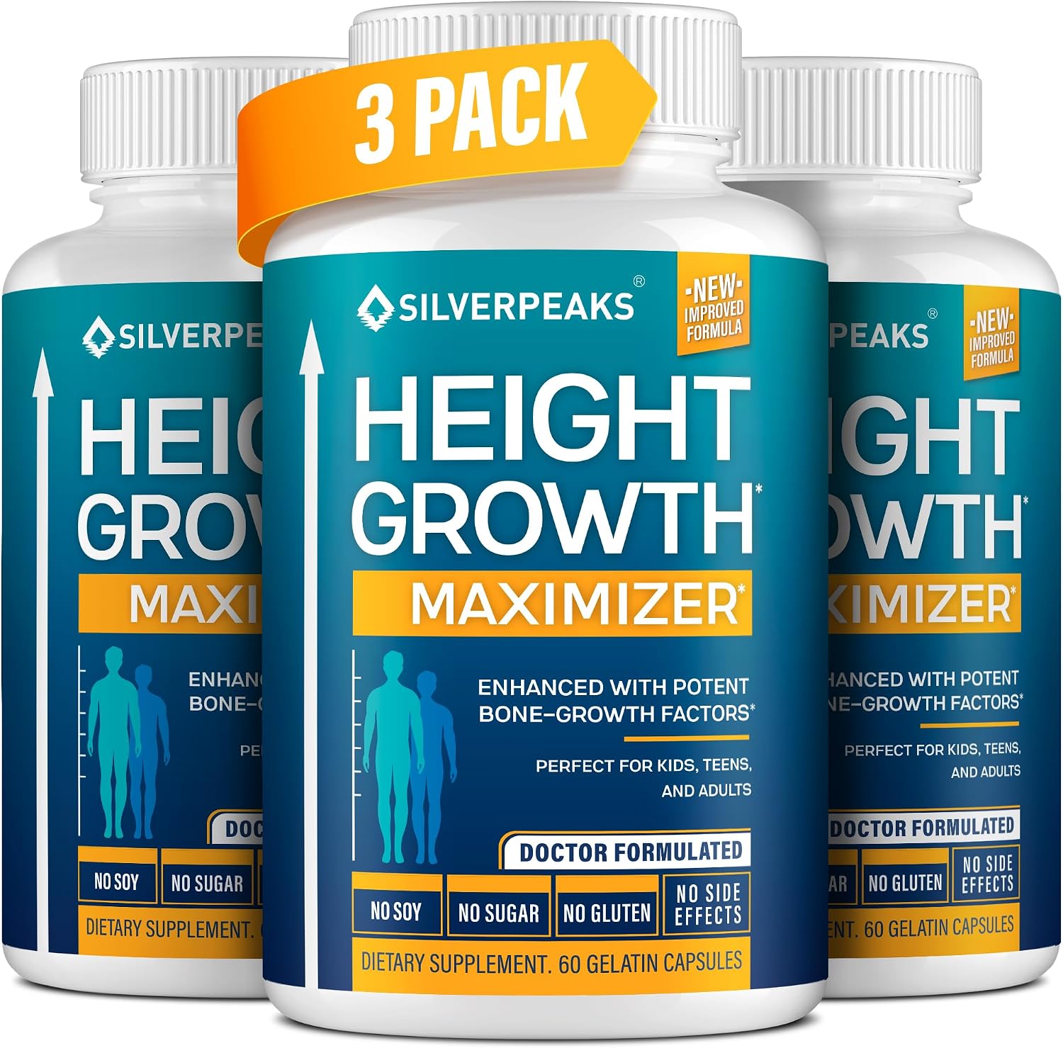 Height Growth Maximizer - Cápsulas para el Crecimiento con Calcio, Zinc, GABA y Vitamina D, 60 Cápsulas (Pack de 3)