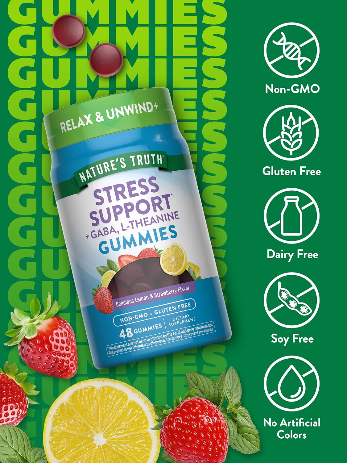 Nature's Truth Gominolas Anti-estrés con GABA, L-Theanine y Melisa - Sabor Limón Fresa - Sin Gluten y No OGM