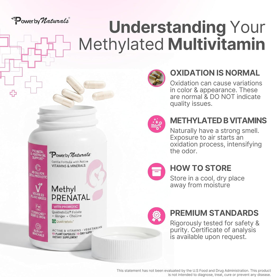 Power By Naturals Methyl Prenatal con Probióticos – Vitaminas prenatales con hierro, metilfolato, B12 y 28 nutrientes y botánicos – Vegano, sin gluten – 60 cápsulas (1 mes)