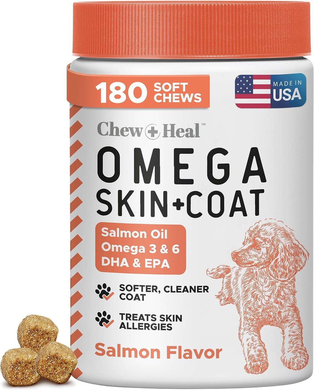 Aceite de Salmón para Perros - Golosinas Blandas Omega para Piel y Pelaje - 180 Unidades