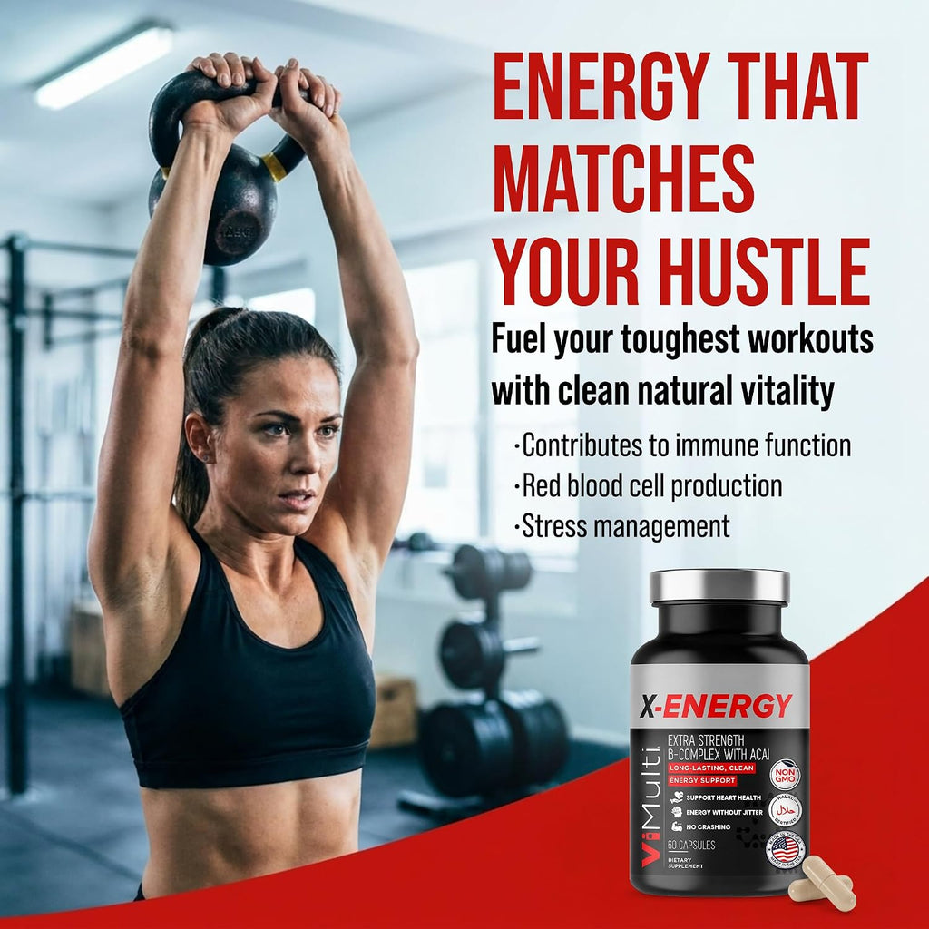 ViMulti X-Energy Complejo de Vitaminas B en Cápsulas con Cafeína, Taurina, Magnesio, Extracto de Acai, Ginseng, Rodiola, Maca, Espirulina, Tongkat Ali, B1, B6, B12, Suplemento Dietético de Folato - 60 Cápsulas
