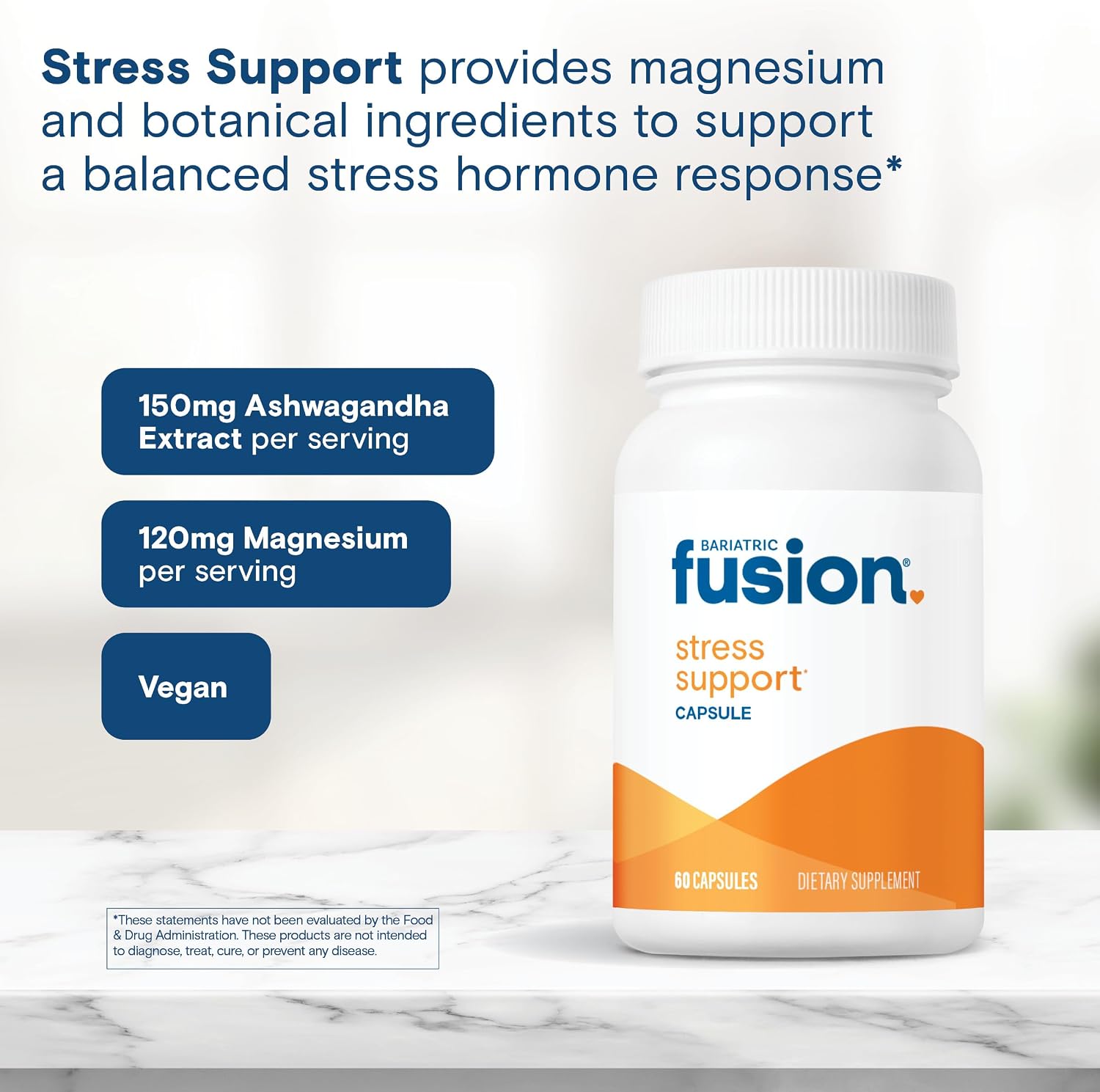 Bariatric Fusion Stress Support* | Suplemento Vegano con Magnesio y Ashwagandha | Complemento Diario para Mujeres y Hombres | Sin Gluten, Lácteos ni Soja | No-GMO | 60 Cápsulas
