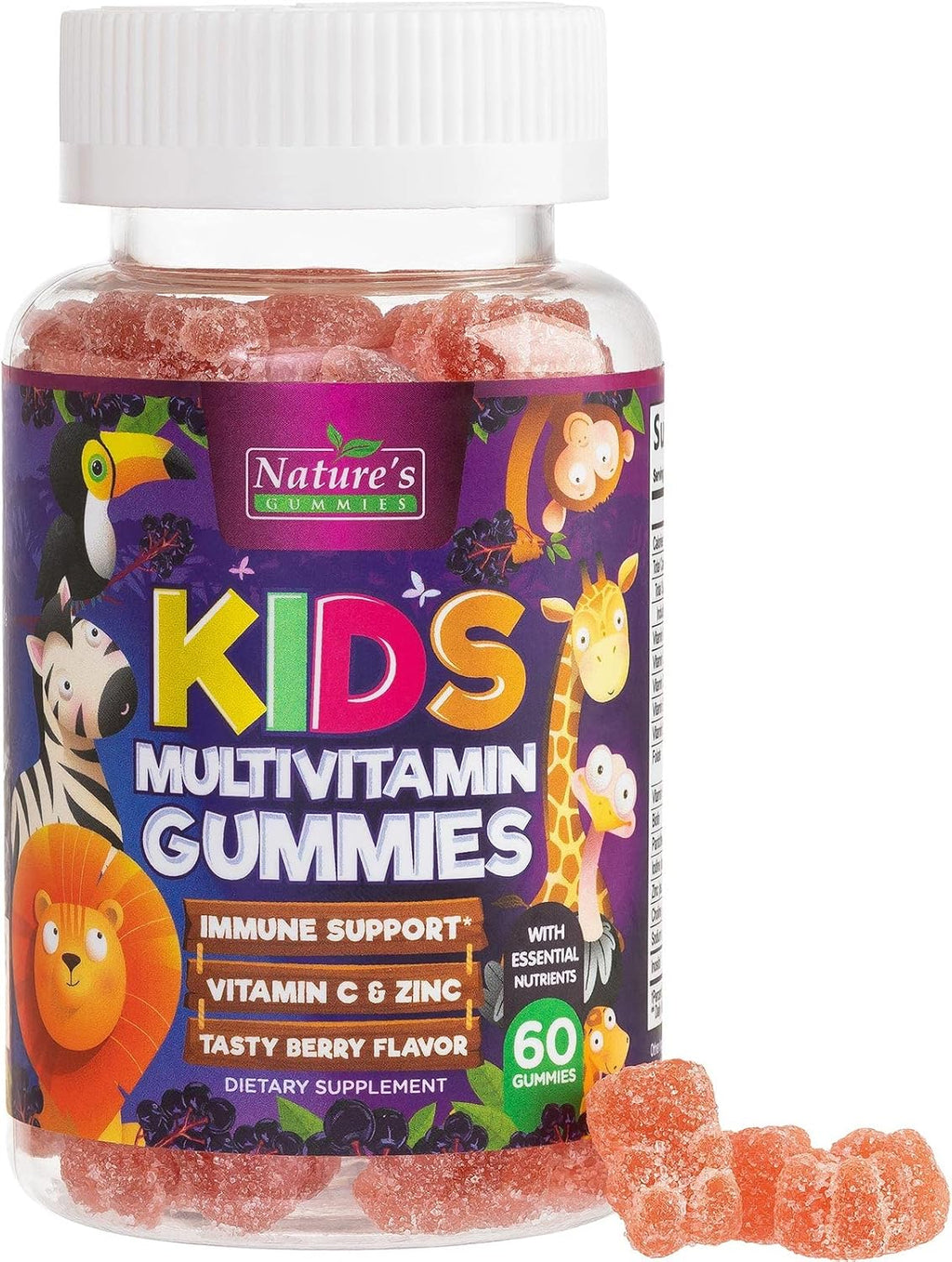 Multivitamínico Infantil Gomitas - Complejo de Vitaminas Diarias para Niños con Vitamina D, Vitaminas B, Zinc y Más - Apoyo Energía, Memoria y Sistema Inmunológico - Sabor Bayas Natural - 60 Gomitas