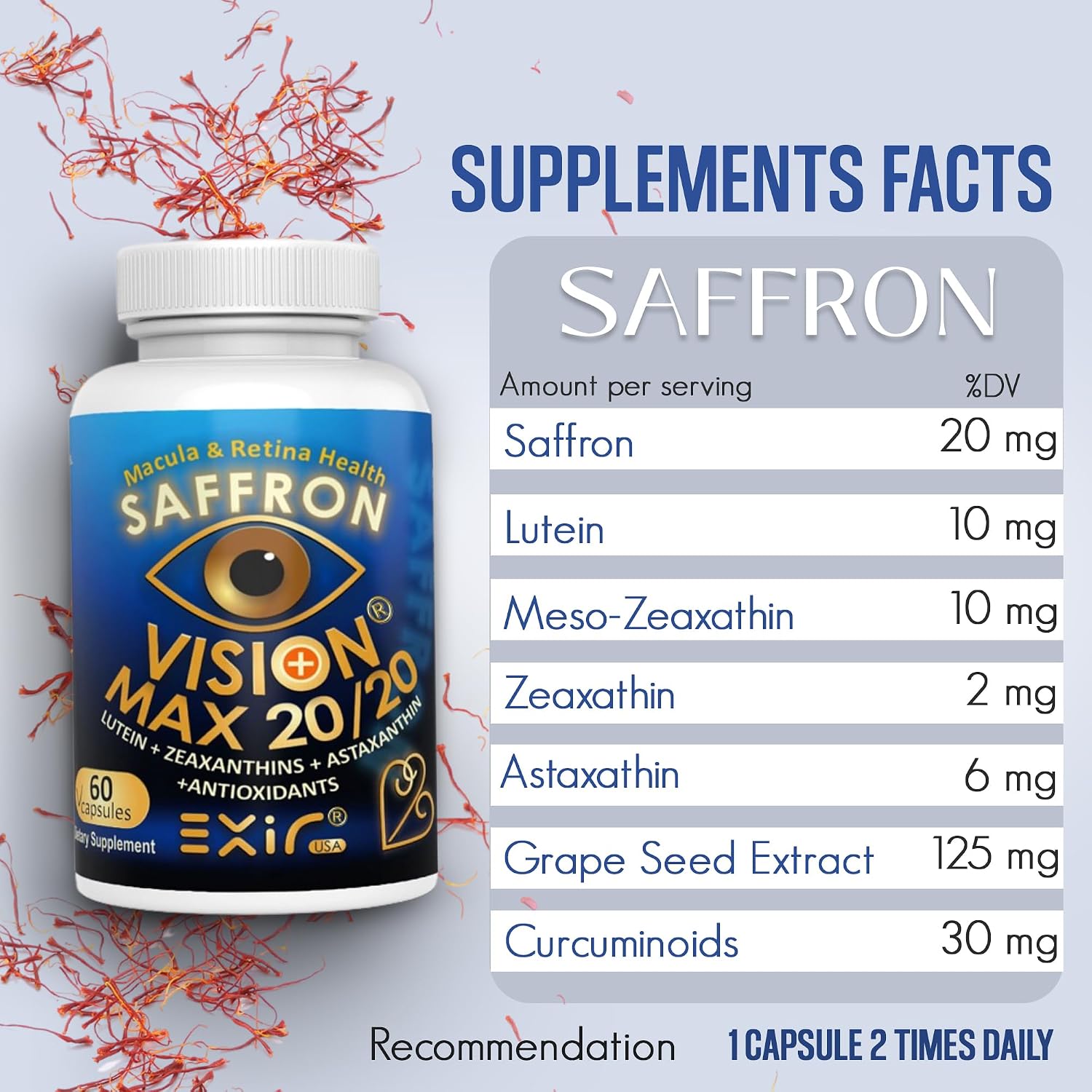 Vision Max 20/20 Suplemento Ocular – Apoyo a la Salud Visual y Confort, 60 Cápsulas