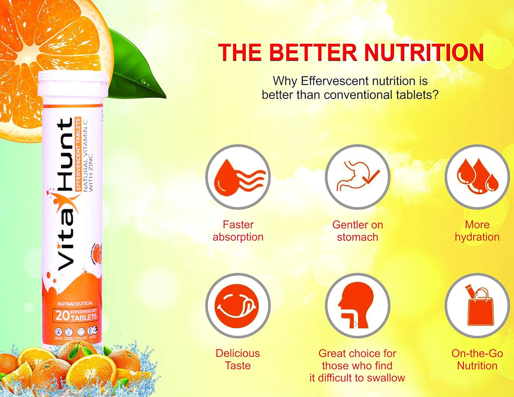 VitaHunt Vitamina C 1000 mg con Zinc - 20 Comprimidos Efervescentes Sabor Naranja