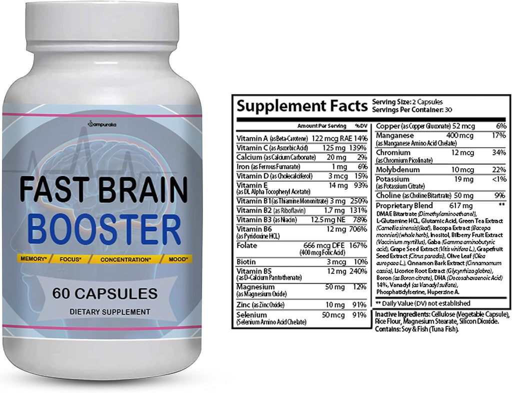 Fast Brain Booster New Advanced Formula Supplement (2 Packs) 60 Days Supply Pills
