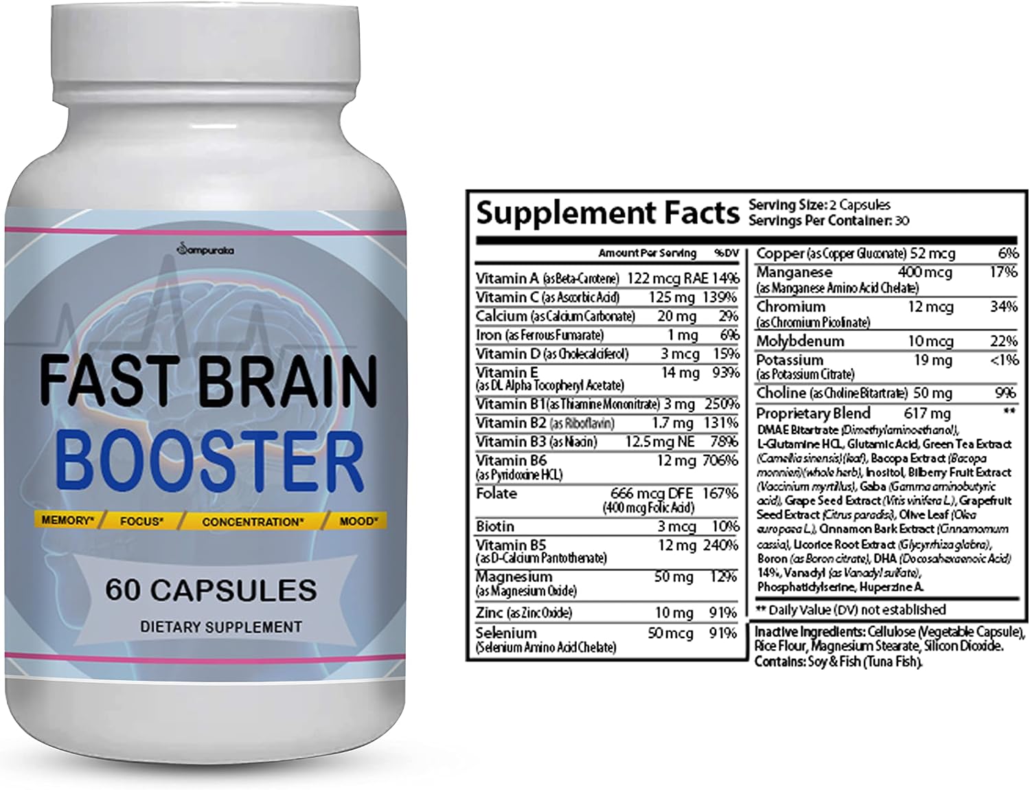 Fast Brain Booster New Advanced Formula Supplement (2 Packs) 60 Days Supply Pills