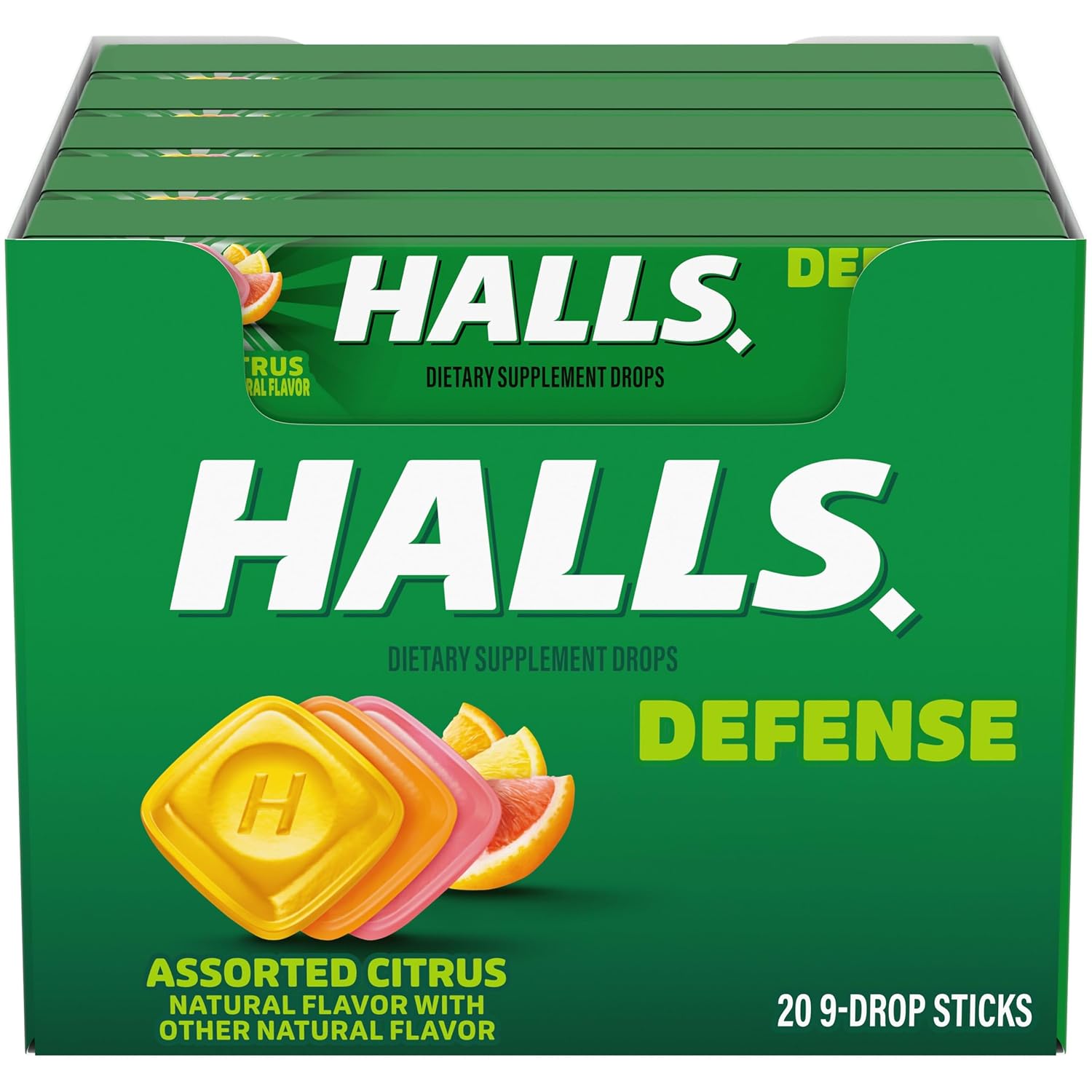 Caramelos para la tos con suplemento dietético HALLS Defense con vitamina C, cítricos variados, 180 unidades