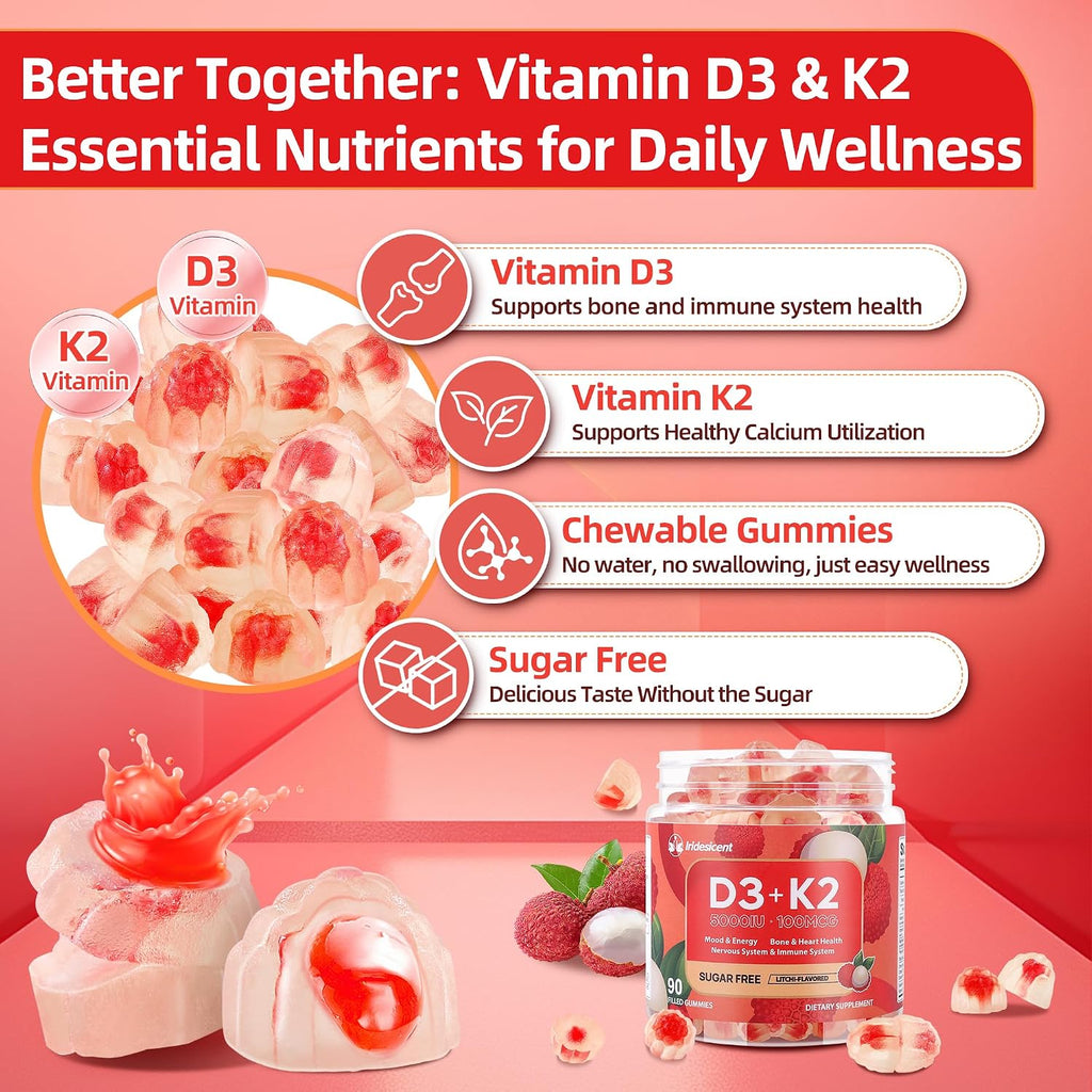 IRIDESICENT Gominolas de Vitamina D3 y K2 Sin Azúcar - 90 uds | 5000 UI D3 + 100 mcg K2 (MK-7) | Vegano, Sabor Lychee