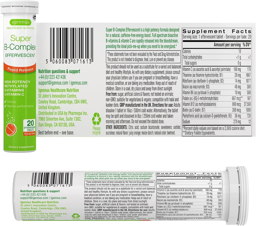Igennus Super B-Complex Metilado – Complejo B Efervescente, 20 comprimidos