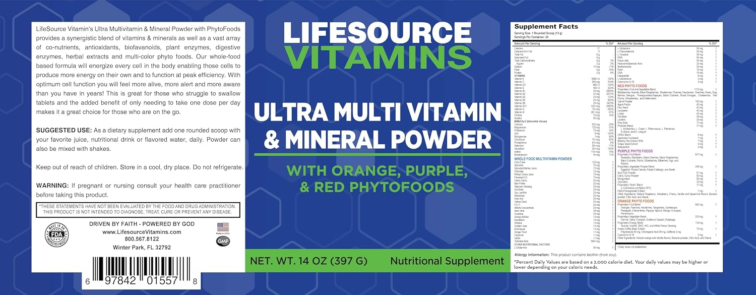 LifeSource Vitamins Ultra Multivitamínico y Mineral en Polvo con Fitoalimentos