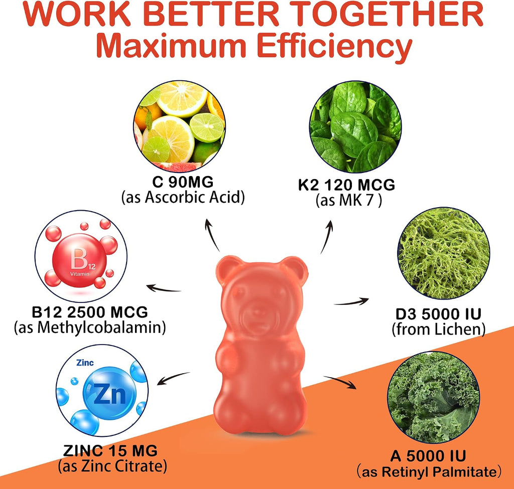 Gominolas ADK+Vitamina B12 Sin Azúcar - Vitamina D3 10000 UI, K2 MK-7 240 mcg, B12 5000 mcg, Multivitamínico Vegano para Adultos