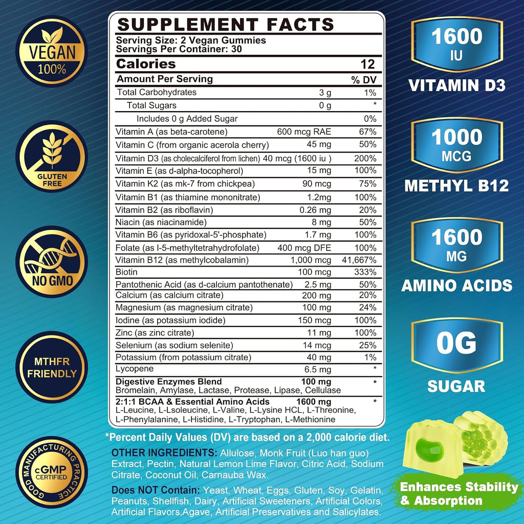 Nextdia Multivitamínico Metilado para Hombres Gummies (2 Paquetes) - Sin Azúcar, Vegano - Completo con BCAA, Vitaminas y Minerales
