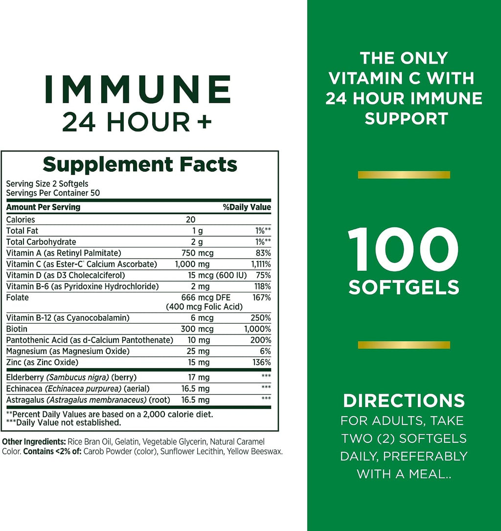 Nature's Bounty Vitamina C 24h Apoyo Inmunológico con Zinc y Vitamina D, 1000mg Ester-C, 100 Cápsulas Blandas