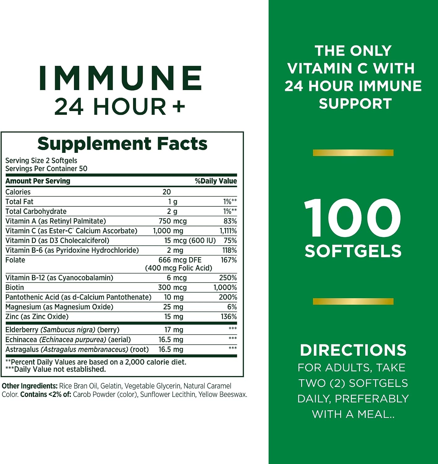Nature's Bounty Vitamina C 24h Apoyo Inmunológico con Zinc y Vitamina D, 1000mg Ester-C, 100 Cápsulas Blandas