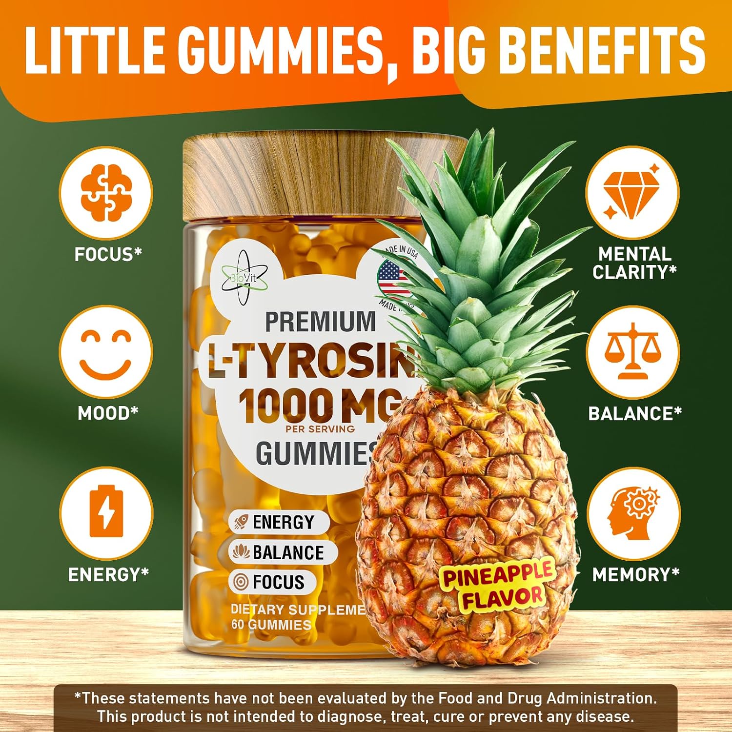 BioVit L-Tirosina Gomitas - 1000mg por porción - 60 Gomitas Veganas