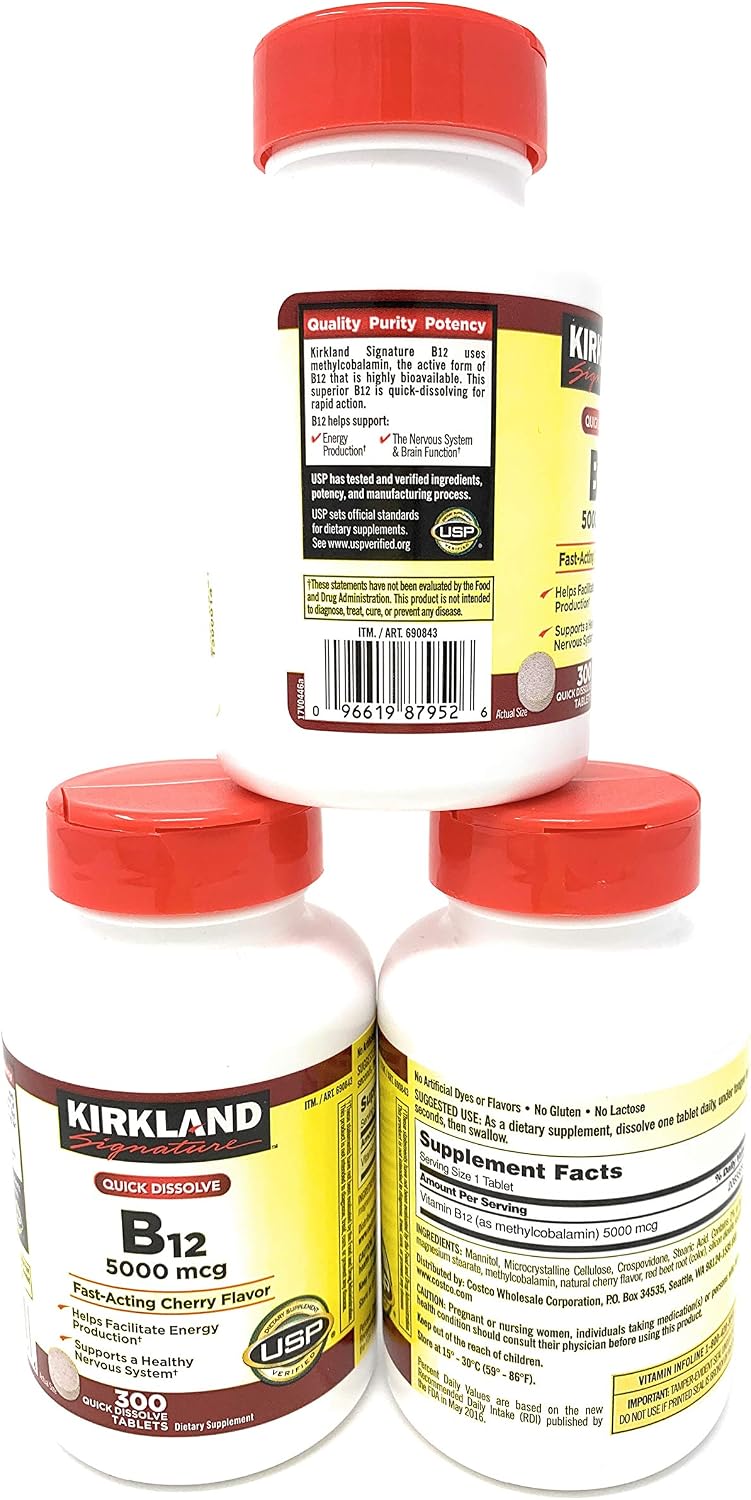 Kirkland Signature Vitamina B12 Sublingual 5000 mcg, 3 Frascos (300 Comprimidos)