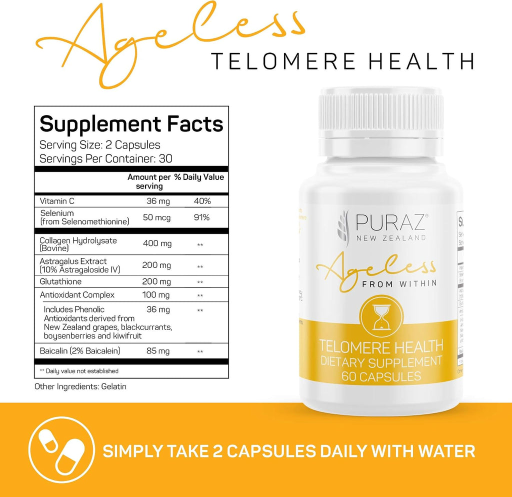 Suplemento de Telómeros con Extracto de Astragalus y Colágeno - Fórmula Avanzada para el Alargamiento de Telómeros - 60 Cápsulas