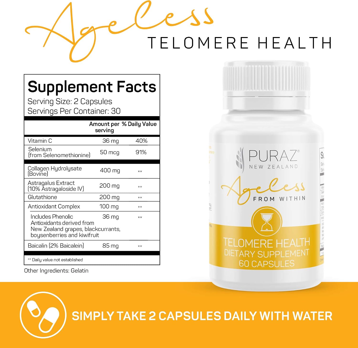 Suplemento de Telómeros con Extracto de Astragalus y Colágeno - Fórmula Avanzada para el Alargamiento de Telómeros - 60 Cápsulas