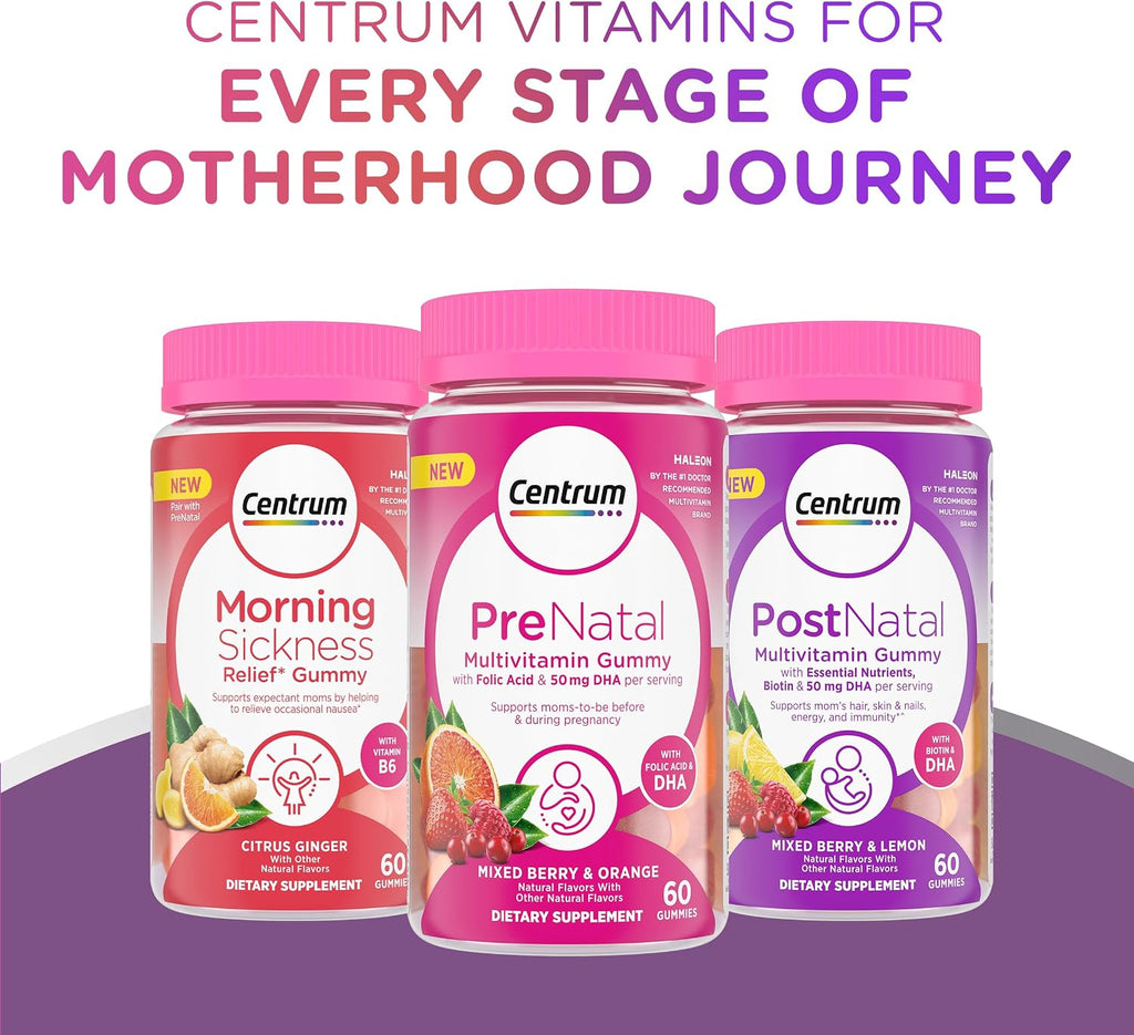Centrum Prenatal Multivitamin Gummies con DHA y Ácido Fólico - Sabor Arándano Rojo y Naranja - 60 Gominolas