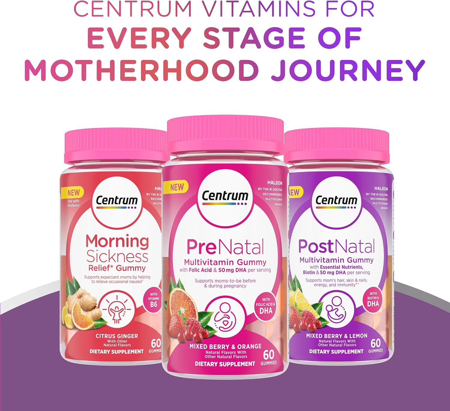 Centrum Prenatal Multivitamin Gummies con DHA y Ácido Fólico - Sabor Arándano Rojo y Naranja - 60 Gominolas