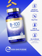 Carlyle Complejo B-100, 250 Cápsulas - Vitaminas B1, B2, B3, B6, B12, Biotina, Ácido Fólico e Inositol