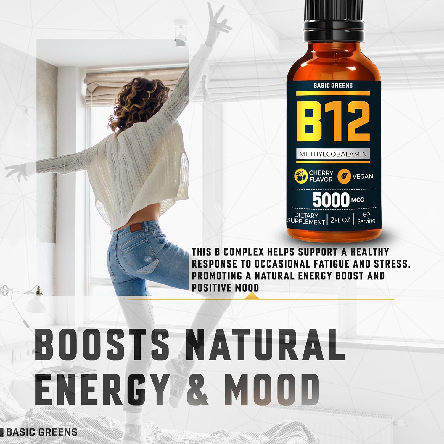 BASIC GREENS Vitamina B12 5000 mcg Metilcobalamina Gotas Sublinguales - Pack de 2